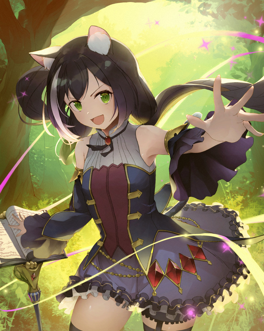 1girl 385oo :d animal_ear_fluff animal_ears bangs bare_shoulders black_hair blue_dress blush breasts brooch cat_ears cat_girl cat_tail commentary detached_sleeves dress eyebrows_visible_through_hair fang foreshortening frilled_dress frills grass green_eyes highres jewelry karyl_(princess_connect!) long_hair looking_at_viewer low_twintails multicolored_hair open_mouth outstretched_arm perspective princess_connect! princess_connect!_re:dive revision sheet_music smile solo streaked_hair tail thigh-highs tree twintails very_long_hair white_hair
