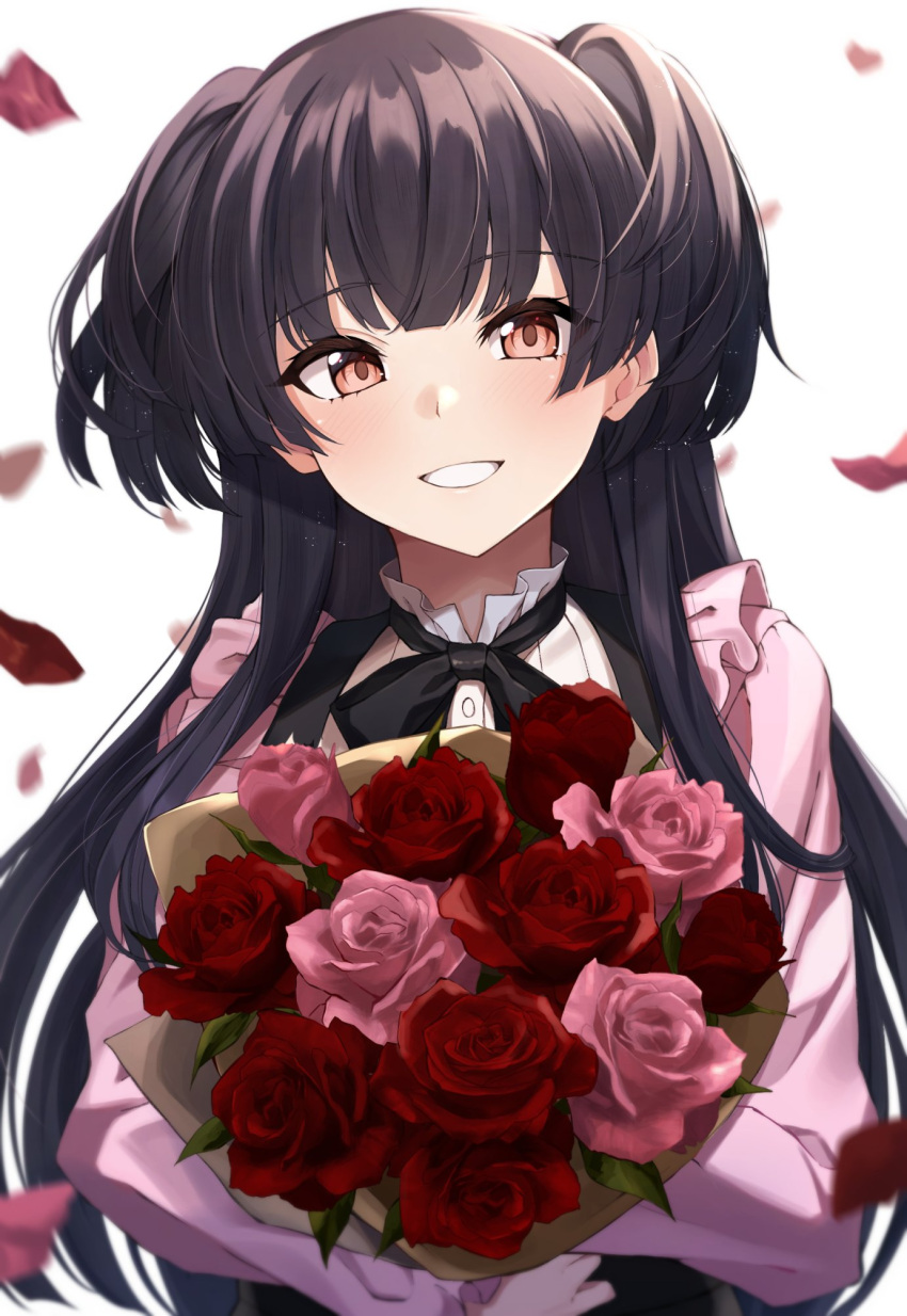 bangs black_hair black_ribbon blouse blunt_bangs blurry_foreground bouquet commentary eyebrows_visible_through_hair flower highres holding holding_bouquet idolmaster idolmaster_shiny_colors kurousagi_yuu long_hair looking_at_viewer mayuzumi_fuyuko neck_ribbon petals pink_blouse pink_flower pink_rose red_flower red_rose ribbon rose smile solo two_side_up upper_body white_background