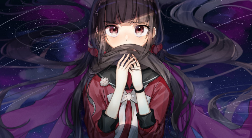 1girl bangs black_hair black_sailor_collar blunt_bangs blush brown_hair commentary_request covering_mouth dangan_ronpa floating_hair hair_ornament hair_over_mouth hair_scrunchie harukawa_maki highres holding holding_hair jacket jacket_on_shoulders long_hair long_sleeves looking_at_viewer low_twintails mdr_(mdrmdr1003) mole mole_under_eye new_dangan_ronpa_v3 own_hands_together pink_jacket red_eyes red_scrunchie red_shirt sailor_collar school_uniform scrunchie serafuku shirt skirt solo starry_background twintails upper_body