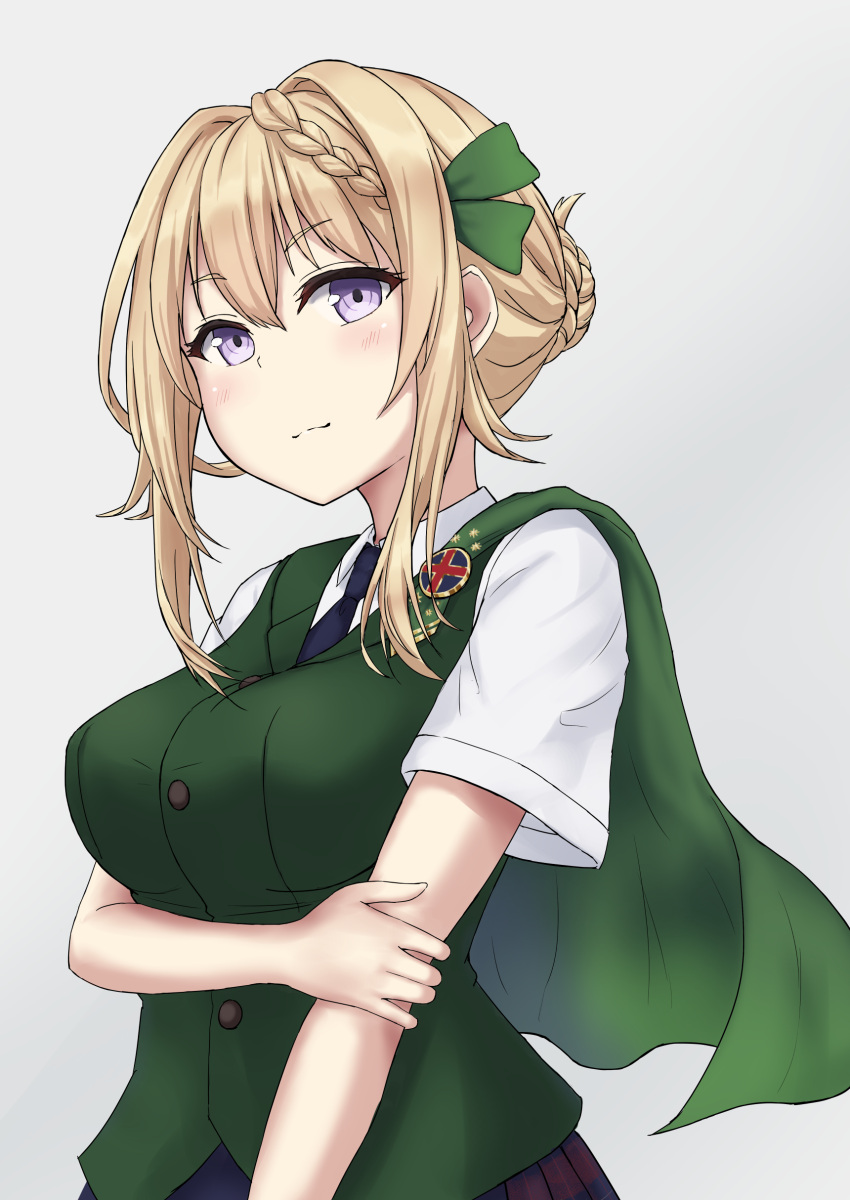 1girl absurdres blonde_hair blush braid braided_bun breasts cape eyebrows_visible_through_hair green_cape grey_background hair_between_eyes highres kantai_collection large_breasts light_smile monoku perth_(kantai_collection) short_hair simple_background solo violet_eyes