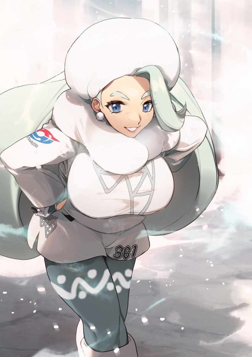1girl absurdres blue_eyes boots breasts commentary_request earrings eyelashes fur_hat gloves gym_leader hand_on_hip hat highres jewelry leaning_forward legwear_under_shorts long_hair looking_at_viewer mature melony_(pokemon) no-kan number pantyhose plump pokemon pokemon_(game) pokemon_swsh scarf shorts smile solo sweater teeth white_footwear white_headwear white_scarf white_sweater