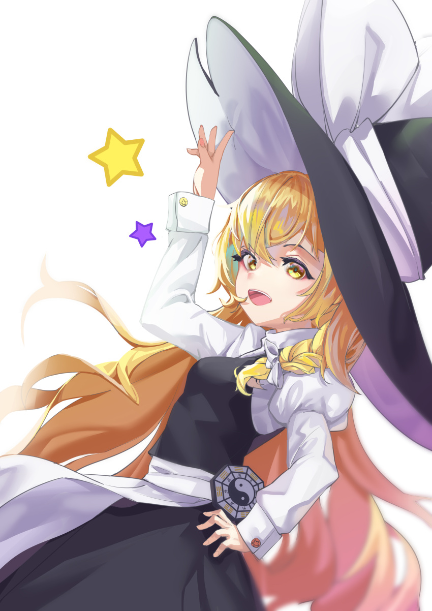 1girl :d absurdres apron arm_up bangs black_dress black_headwear blonde_hair dress floating_hair hair_between_eyes hand_on_hip hat highres kirisame_marisa long_hair long_sleeves open_mouth pinafore_dress s2535151 shirt simple_background smile solo standing touhou very_long_hair waist_apron white_apron white_background white_shirt witch_hat yellow_eyes