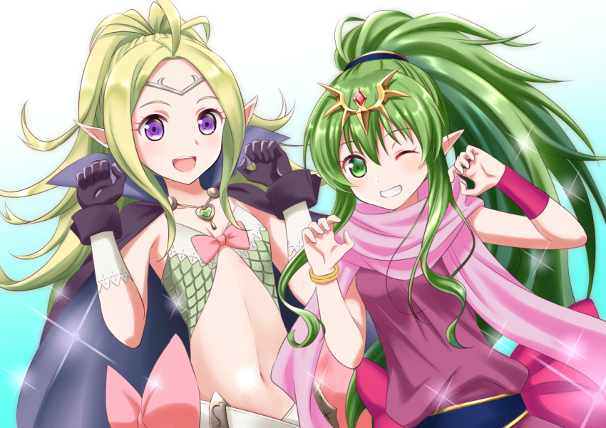 2girls :d ahoge bangs belt black_cape black_gloves blue_background blush bow bracelet breasts cape circlet claw_pose commentary dress eyebrows_visible_through_hair fire_emblem fire_emblem:_mystery_of_the_emblem fire_emblem_awakening gloves gradient gradient_background green_eyes green_hair grin hair_between_eyes hair_ornament jewelry kakiko210 long_hair looking_at_viewer manakete midriff multiple_girls navel nowi_(fire_emblem) one_eye_closed open_mouth parted_bangs pink_dress pink_scarf pointy_ears ponytail scarf short_dress sidelocks simple_background small_breasts smile sparkle standing tiki_(fire_emblem) upper_body upper_teeth violet_eyes w_arms white_background white_belt