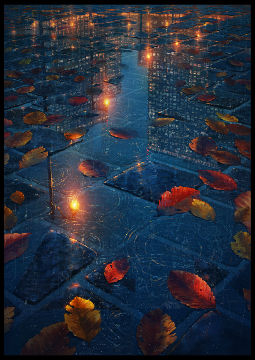 autumn_leaves black_border border building cola_(gotouryouta) commentary_request highres lamppost leaf night no_humans original outdoors rain reflection scenery skyscraper stone_floor water