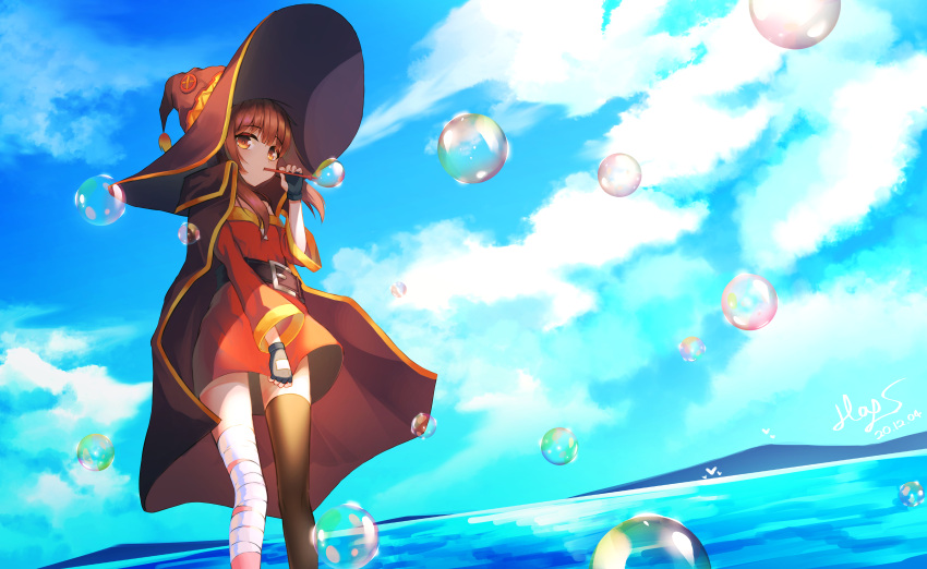 1girl absurdres air_bubble artist_name bandaged_leg bandages belt black_belt blue_sky brown_cape brown_hair brown_headwear bubble cape capelet cloak clouds commentary_request dated day dress dress_tug feet_out_of_frame fingerless_gloves gloves hand_up hat highres huge_filesize kono_subarashii_sekai_ni_shukufuku_wo! long_hair long_sleeves looking_at_viewer megumin outdoors red_dress red_eyes scenery short_dress single_thighhigh sky solo standing thigh-highs witch_hat yansae81