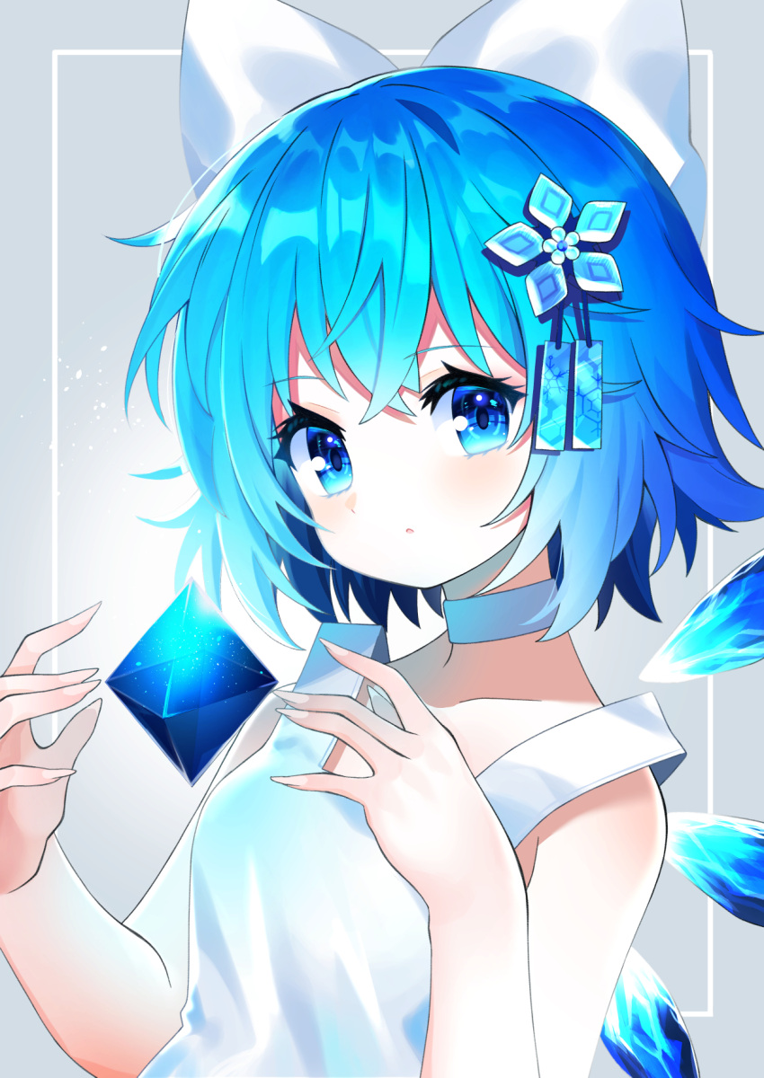 1girl :o bangs bare_arms bare_shoulders blue_eyes blue_hair bow check_commentary choker cirno collarbone commentary commentary_request crystal eyebrows_visible_through_hair fairy fingernails floating floating_object flower grey_background hair_between_eyes hair_bow hair_flower hair_ornament hands_up head_tilt highres ice ice_wings looking_at_viewer parted_lips shiny shiny_hair short_hair snowflake_print solo tank_top touhou upper_body white_bow white_choker white_tank_top wings yuujin_(yuzinn333)