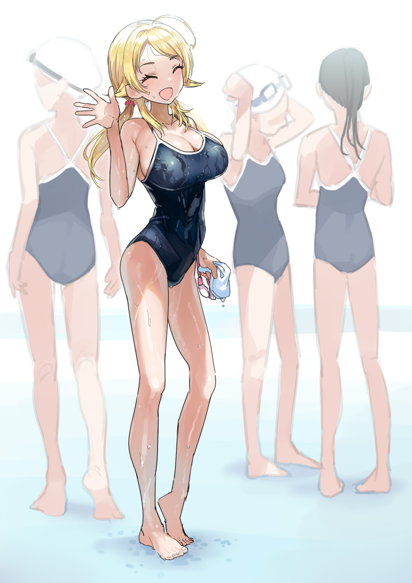 3girls ahoge blonde_hair blue_swimsuit breasts commentary_request competition_school_swimsuit covered_navel hachimiya_meguru highres idolmaster idolmaster_shiny_colors kaedeko_(kaedelic) large_breasts low_twintails multiple_girls one-piece_swimsuit school_swimsuit smile swimsuit twintails waving_arm