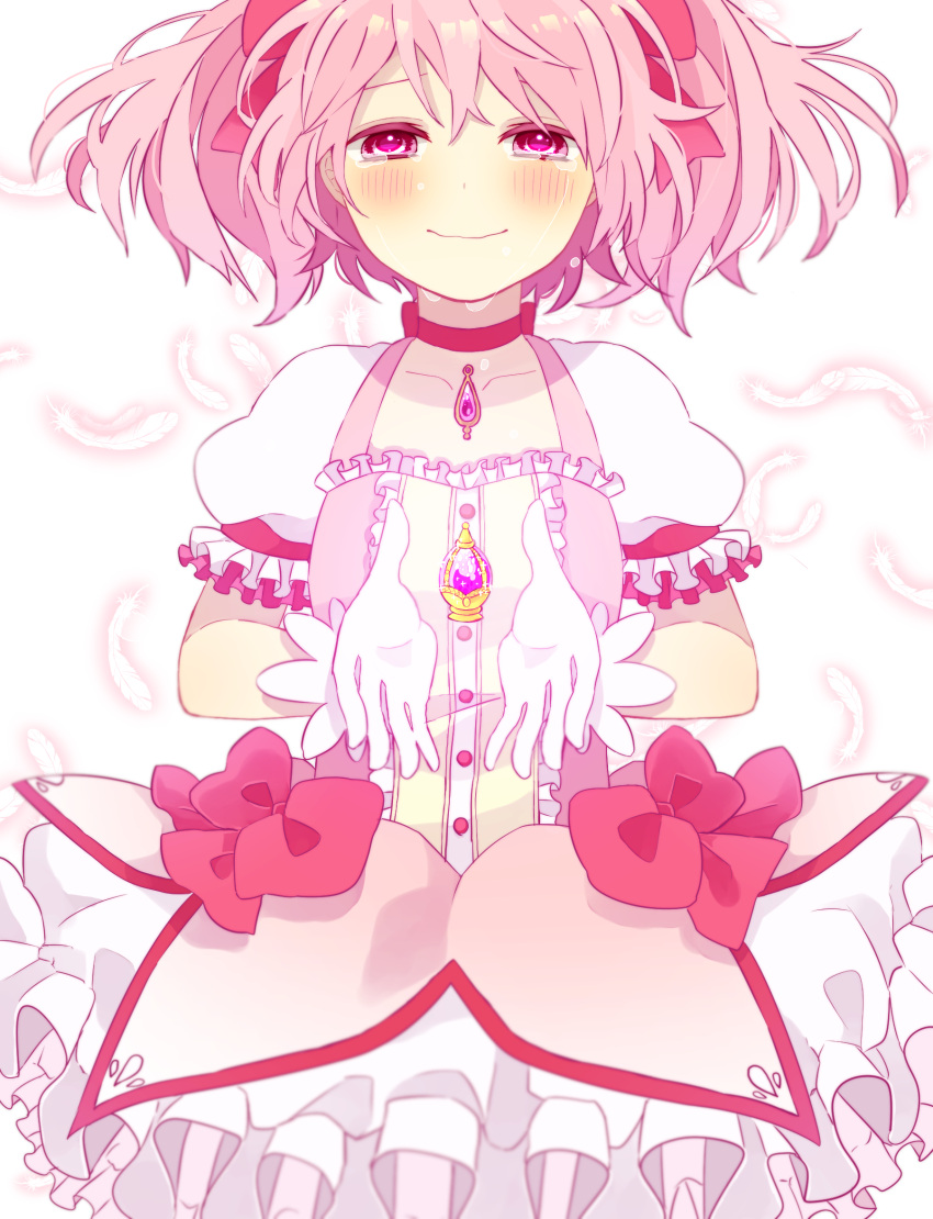 1girl 64hijiki blush bubble_skirt choker commentary_request facing_viewer gloves hair_ribbon highres kaname_madoka magical_girl mahou_shoujo_madoka_magica pink_eyes pink_hair puffy_short_sleeves puffy_sleeves red_ribbon ribbon ribbon_choker short_sleeves skirt smile solo tears twintails white_gloves