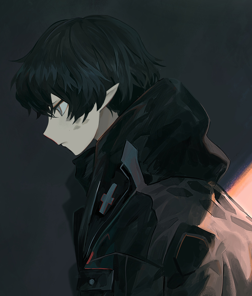 1boy arknights black_hair black_jacket closed_mouth cropped cross facial_mark faust_(arknights) grey_eyes highres hood hooded_jacket injury jacket koio looking_down male_focus pointy_ears profile solo upper_body