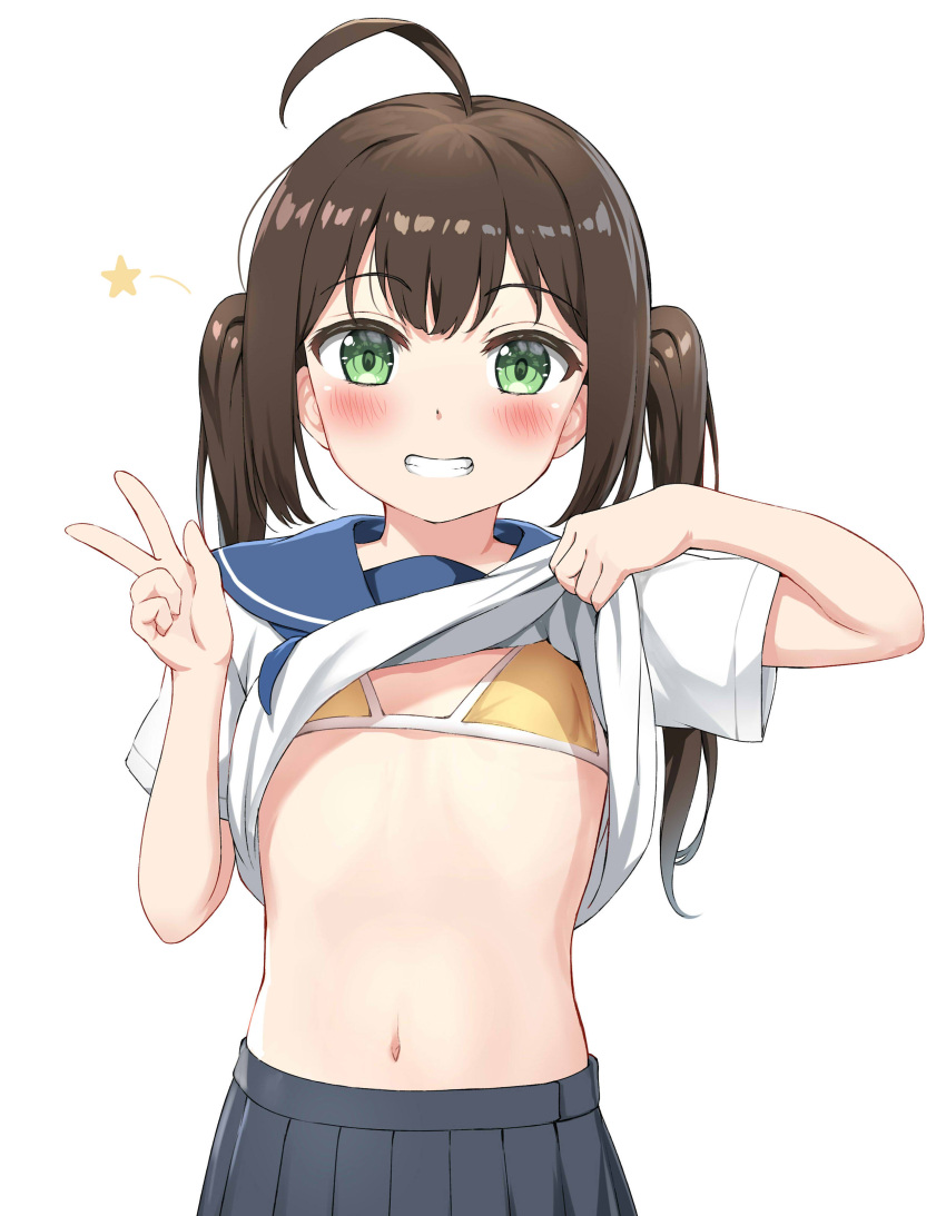 1girl absurdres ahoge bikini bikini_top blush brown_hair commentary_request cowboy_shot eyebrows_visible_through_hair flat_chest green_eyes grin highres long_hair looking_at_viewer nedia_(nedia_region) open_mouth original pleated_skirt sailor_collar school_uniform serafuku shirt shirt_lift short_sleeves simple_background skirt smile solo swimsuit swimsuit_under_clothes twintails v white_background