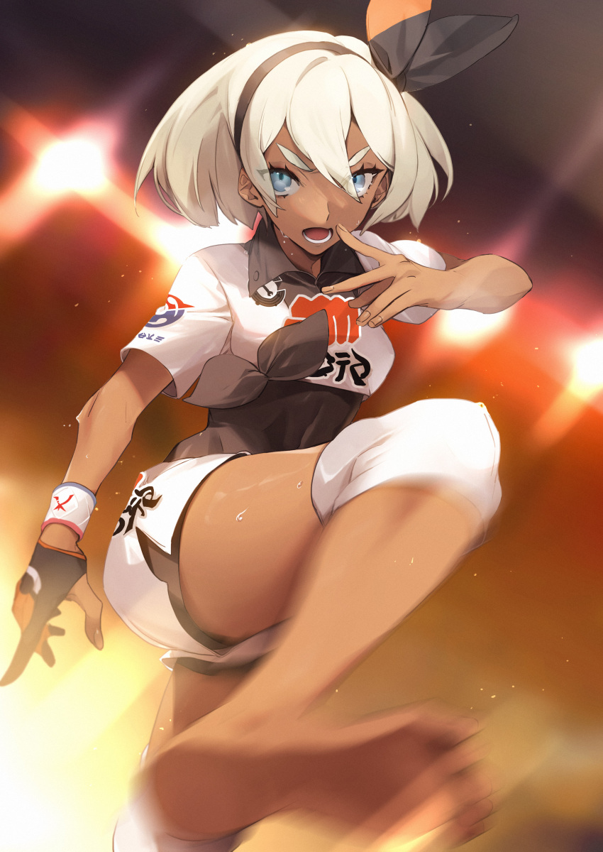 1girl absurdres bangs barefoot bea_(pokemon) black_bodysuit black_hairband blonde_hair blue_eyes blurry bodysuit bodysuit_under_clothes bow_hairband collared_shirt commentary_request dynamax_band eyelashes gloves gym_leader hair_between_eyes hairband highres knee_pads leg_up no-kan open_mouth partially_fingerless_gloves pokemon pokemon_(game) pokemon_swsh print_shirt print_shorts shirt short_hair short_sleeves shorts side_slit side_slit_shorts single_glove solo sweat teeth tied_shirt toes tongue