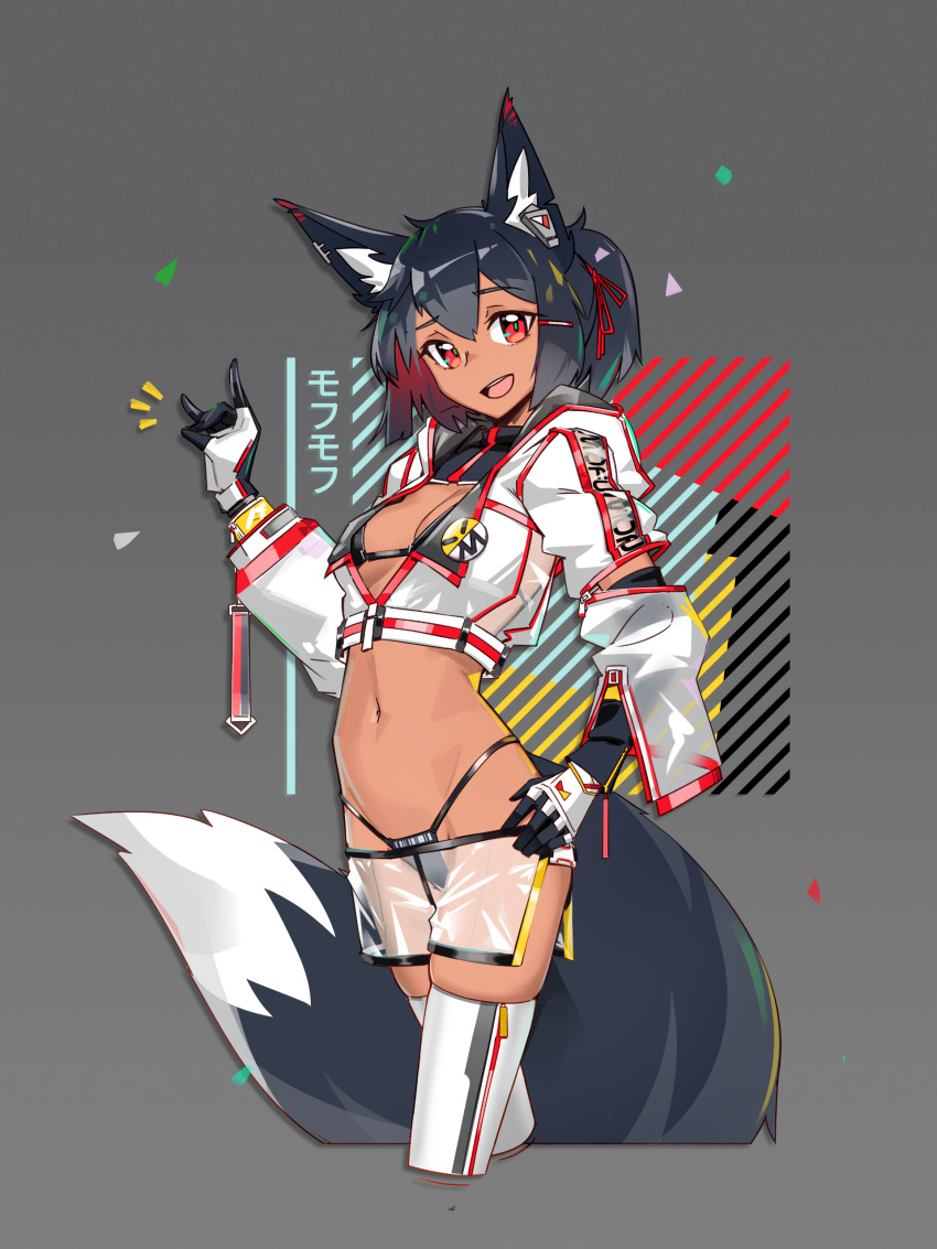 1girl absurdres animal_ear_fluff animal_ears bangs bikini black_bikini black_hair breasts cropped_jacket cropped_legs dark_skin dark-skinned_female deel_(rkeg) eyebrows_visible_through_hair fox_ears fox_shadow_puppet fox_tail gloves grey_background hand_on_hip highres navel open_mouth original red_eyes see-through short_ponytail shorts small_breasts solo swimsuit tail thigh-highs