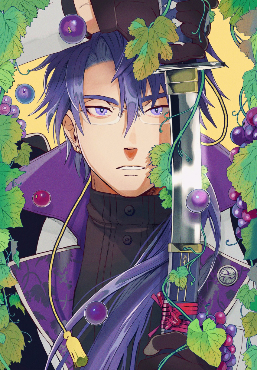 1boy black_gloves black_shirt food fruit glasses gloves grape_vine grapes hair_between_eyes highres jacket looking_at_viewer male_focus nikkou_(weapon) nikkou_ichimonji piercing ponytail purple_hair scabbard sheath shirt solo sword tomato_(satomi) touken_ranbu violet_eyes weapon white_jacket