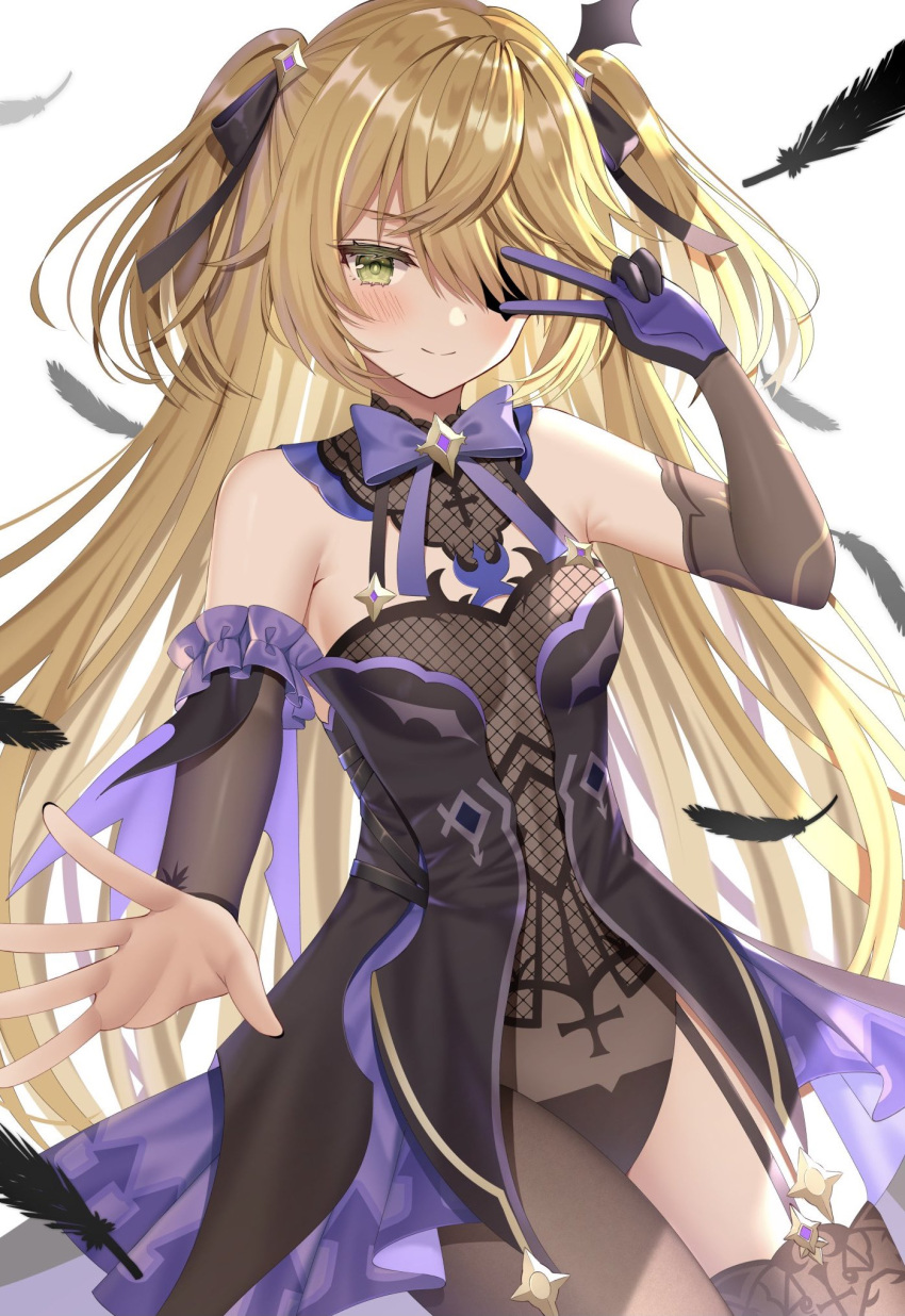 1girl armpit_crease bare_shoulders black_dress blonde_hair breasts brown_legwear cowboy_shot detached_sleeves dress eyepatch feathers fischl_(genshin_impact) fishnets garter_straps genshin_impact gloves green_eyes hair_over_one_eye hair_ribbon highres izumo_neru long_hair looking_at_viewer medium_breasts ribbon simple_background single_glove single_leg_pantyhose single_thighhigh smile solo standing thigh-highs thighs two_side_up v very_long_hair white_background