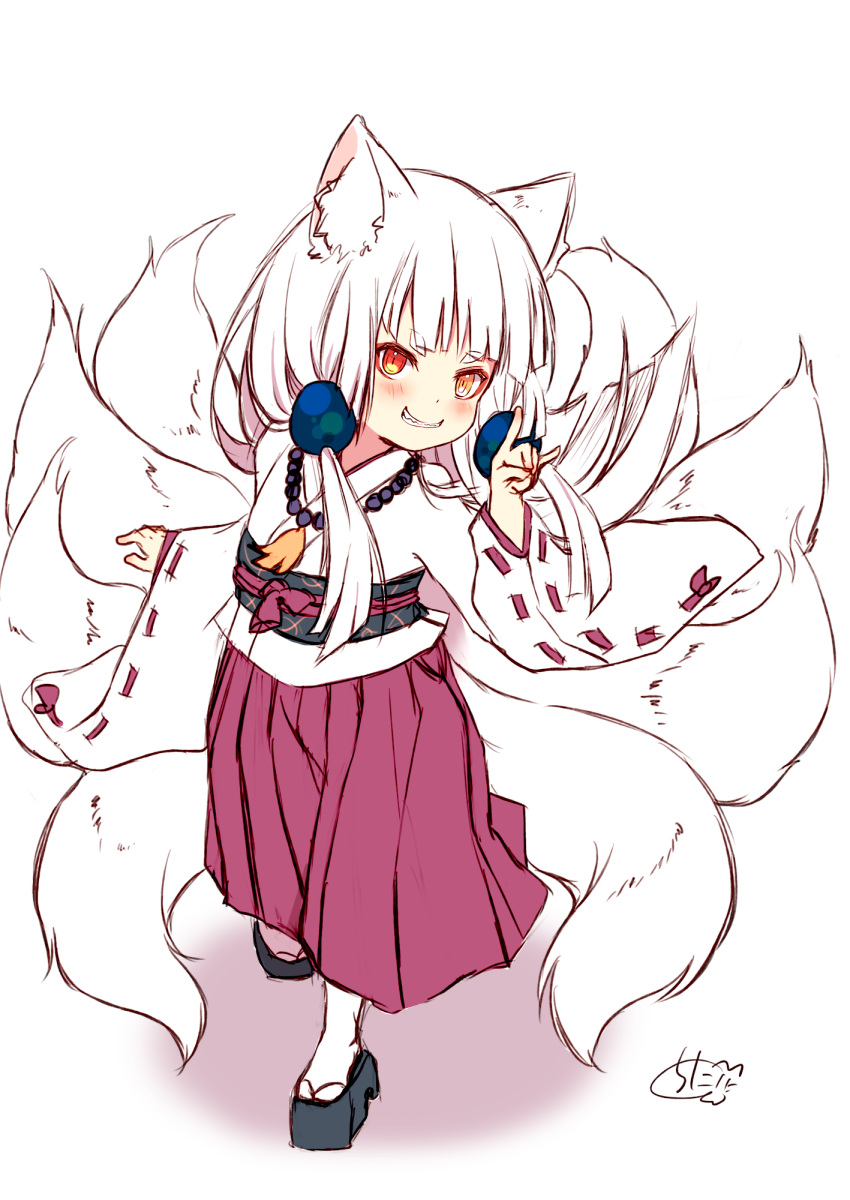 1girl animal_ear_fluff animal_ears bead_necklace beads black_footwear brown_eyes brown_hakama chita_(ketchup) commentary_request fox_ears fox_girl fox_shadow_puppet fox_tail full_body grin hakama hand_up heterochromia highres japanese_clothes jewelry kimono kyuubi long_hair long_sleeves looking_at_viewer miko multiple_tails necklace obi original platform_footwear red_eyes ribbon-trimmed_sleeves ribbon_trim sash shadow signature sleeves_past_wrists smile socks solo standing tail white_background white_hair white_kimono white_legwear wide_sleeves zouri
