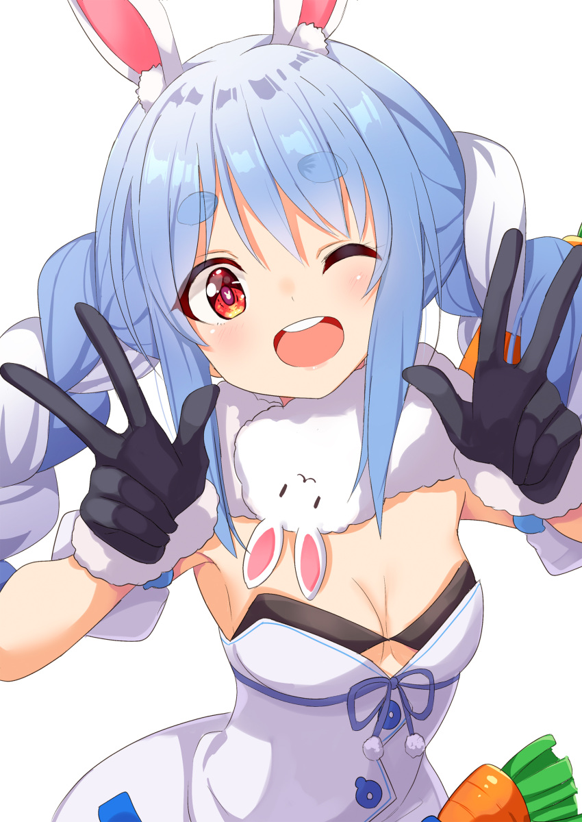 1girl ;d absurdres ame. animal_ear_fluff animal_ears black_gloves black_leotard blue_hair braid breasts carrot_hair_ornament commentary_request don-chan_(usada_pekora) double_w dress food_themed_hair_ornament fur-trimmed_gloves fur_trim gloves hair_ornament hands_up highres hololive leotard long_hair multicolored_hair one_eye_closed open_mouth rabbit_ears round_teeth simple_background small_breasts smile strapless strapless_dress strapless_leotard teeth twin_braids twintails two-tone_hair upper_body upper_teeth usada_pekora virtual_youtuber w white_background white_dress white_hair