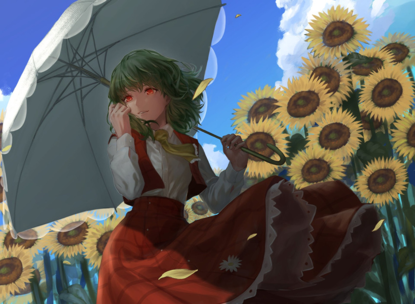 1girl ascot breasts clouds collared_shirt commentary_request cowboy_shot daisy day dutch_angle eyebrows_behind_hair falling_petals field flower flower_field from_below green_hair hand_in_hair highres holding holding_umbrella kazami_yuuka long_sleeves looking_ahead looking_to_the_side medium_breasts medium_hair moyotan open_clothes open_vest parted_lips petals plaid plaid_skirt plaid_vest red_eyes red_skirt red_vest shadow shirt skirt skirt_set sky smile solo standing sunflower touhou umbrella vest white_shirt white_umbrella yellow_neckwear