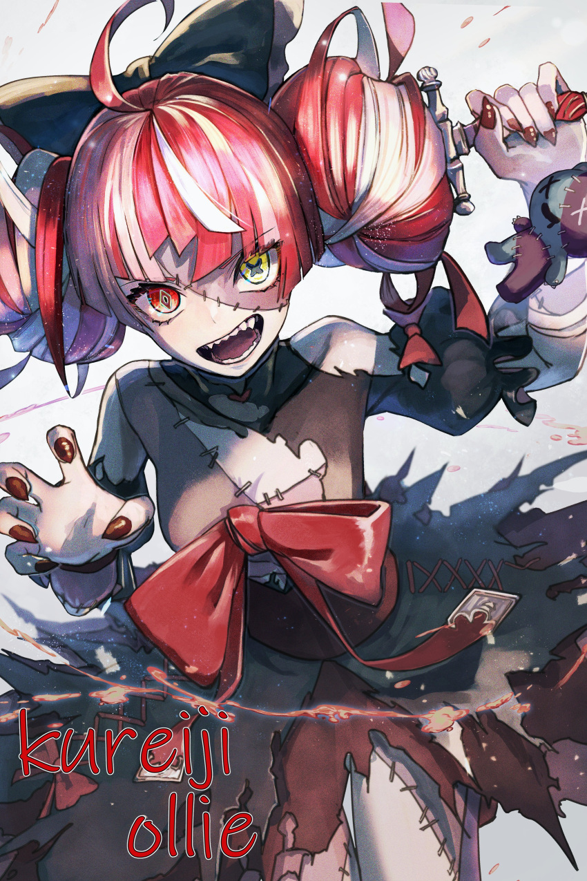 1girl absurdres ahoge black_bow black_dress black_nails bow claw_pose colored_skin double_bun dress fangs from_above grey_hair grey_skin hair_bow heterochromia highres holding holding_sword holding_weapon hololive hololive_indonesia kureiji_ollie kyara-suro looking_at_viewer looking_up multicolored_hair pink_hair red_bow red_eyes redhead solo stitched_face stitches sword torn_clothes torn_dress udin_(kureiji_ollie) virtual_youtuber weapon yellow_eyes zombie