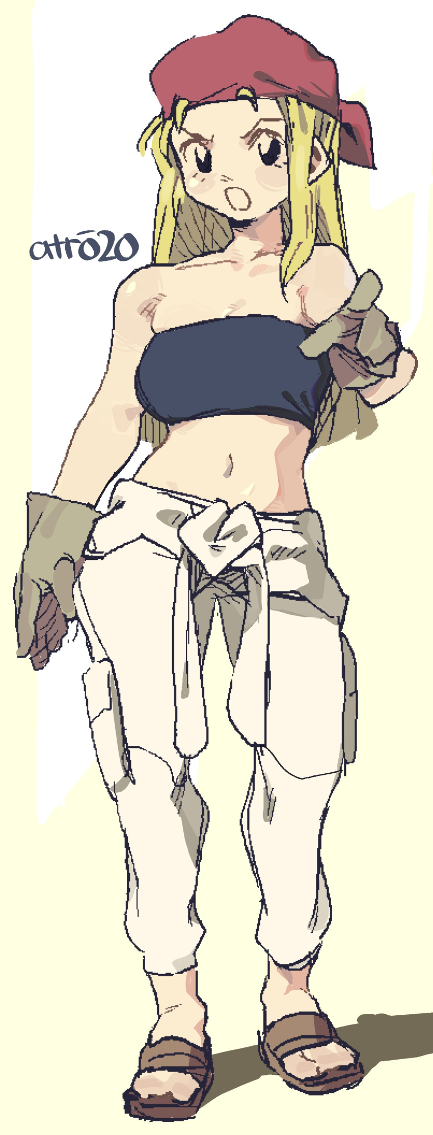 1girl absurdres bandeau bare_shoulders black_bandeau blonde_hair brown_footwear full_body fullmetal_alchemist gloves green_gloves highres long_hair midriff navel open_mouth pants sandals signature solo standing tomboy white_pants whoopsatro winry_rockbell