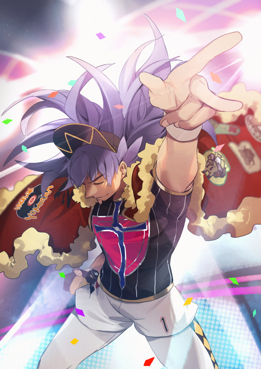 1boy absurdres arm_up bangs cape champion_uniform clenched_hand closed_eyes closed_mouth commentary_request dark_skin dark_skinned_male dynamax_band facial_hair fur-trimmed_cape fur_trim head_down highres leon_(pokemon) long_hair male_focus no-kan number pokemon pokemon_(game) pokemon_swsh purple_hair red_cape shirt short_shorts short_sleeves shorts smile solo w white_legwear white_shorts