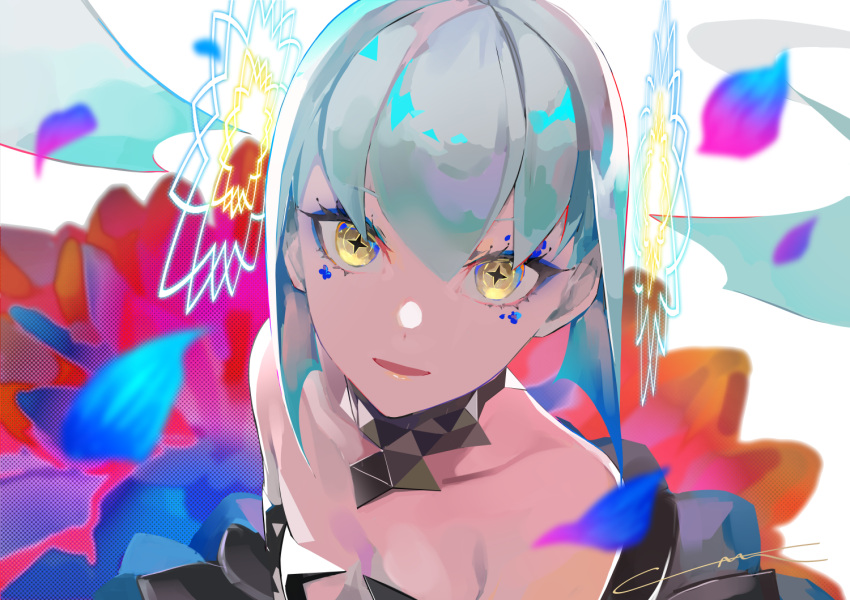 1girl :d altdeus:_beyond_chronos bangs bare_shoulders breasts eyelashes eyeliner facial_mark long_hair looking_at_viewer makeup noa_(altdeus:_beyond_chronos) open_mouth ram_(ramlabo) silver_hair simple_background smile solo star-shaped_pupils star_(symbol) symbol-shaped_pupils twintails very_long_hair white_background yellow_eyes