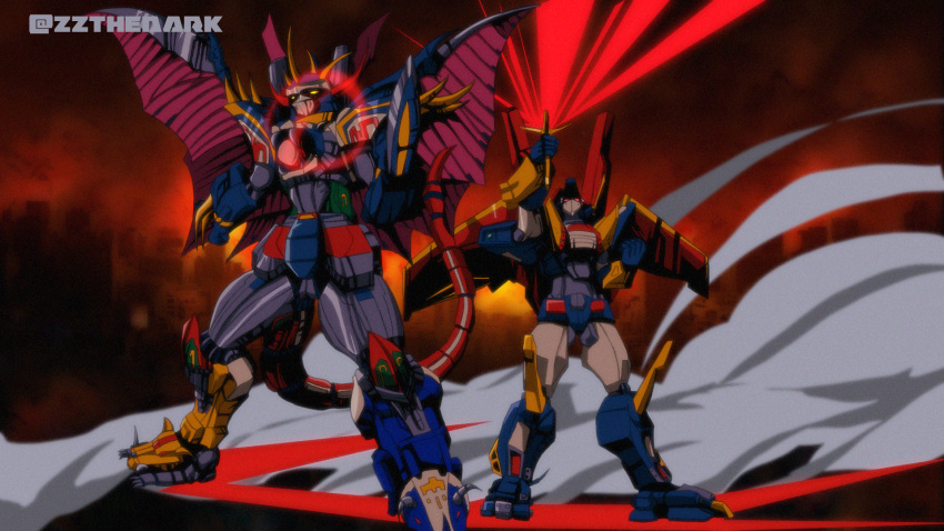 1980s_(style) 1990s_(style) alternate_form arm_blade armor bird_wings city claws clenched_hands commentary crossover dancouga_(series) dancouga_nova dancouga_nova_max_god destruction dinosaur fighting_stance glowing glowing_eyes glowing_sword glowing_weapon highres holding holding_sword holding_weapon horns juusou_kikou_dancouga_nova looking_at_viewer machine mask mecha mega-gravezord megazord mighty_morphin_power_rangers no_humans oobari_masami_(style) power_rangers power_rangers_shattered_grid red_eyes retro_artstyle robot ruins science_fiction signature size_difference smoke spikes super_robot sword tail tokusatsu twitter_username weapon wings yellow_eyes zakman-wahid