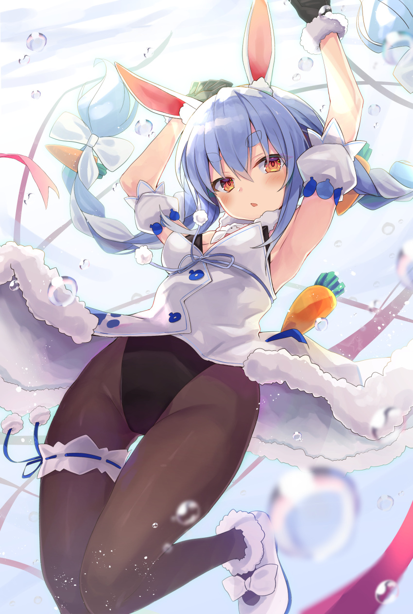 1girl absurdres air_bubble animal_ears armpits arms_up bangs bare_shoulders black_gloves black_legwear black_leotard blue_hair blush braid breasts bubble carrot coat commentary_request don-chan_(usada_pekora) eyebrows_visible_through_hair garter_straps gloves hair_between_eyes highres hololive jumping leotard looking_at_viewer multicolored_hair open_mouth pantyhose rabbit_ears rabbit_girl red_eyes sidelocks sleeveless small_breasts thick_eyebrows thigh_strap toshizou_(0714) twin_braids two-tone_hair usada_pekora virtual_youtuber white_coat white_hair