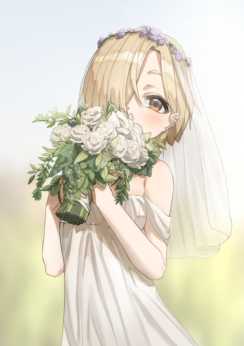 1girl applepie_(12711019) bare_shoulders blonde_hair blurry blurry_background bouquet bridal_veil brown_eyes dress flower hair_flower hair_ornament hair_over_one_eye head_wreath highres holding holding_bouquet holding_flower idolmaster idolmaster_cinderella_girls looking_at_viewer shirasaka_koume short_hair sleeveless solo standing veil wedding_dress white_dress