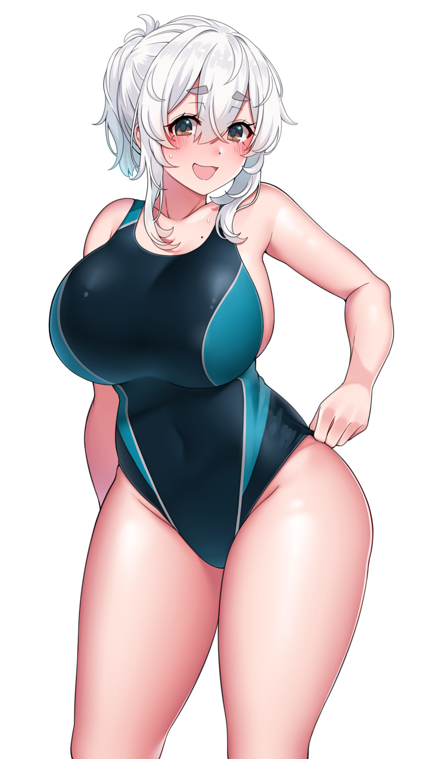 1girl absurdres bare_arms bare_shoulders black_eyes black_swimsuit blue_swimsuit blush breasts commentary_request competition_swimsuit covered_navel cowboy_shot eyebrows_visible_through_hair fang groin highleg highleg_swimsuit highres huge_breasts looking_at_viewer medium_hair mole mole_on_breast one-piece_swimsuit open_mouth original ponytail simple_background smile solo standing suruga_(xsurugax) swimsuit thick_eyebrows white_background white_hair