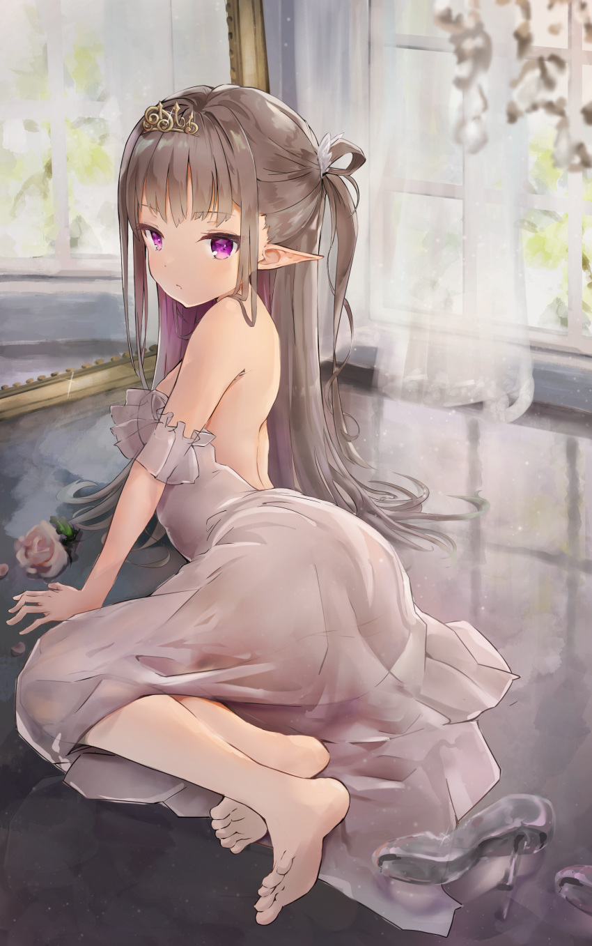 1girl absurdres arm_support bare_shoulders barefoot breasts brown_hair commentary curtains dress elf english_commentary flower gaaratelier glass_slipper grey_dress high_heels highres indoors long_hair looking_at_viewer looking_back on_floor original pointy_ears rose see-through shoes_removed small_breasts soles solo strapless strapless_dress tiara transparent very_long_hair white_flower white_rose window