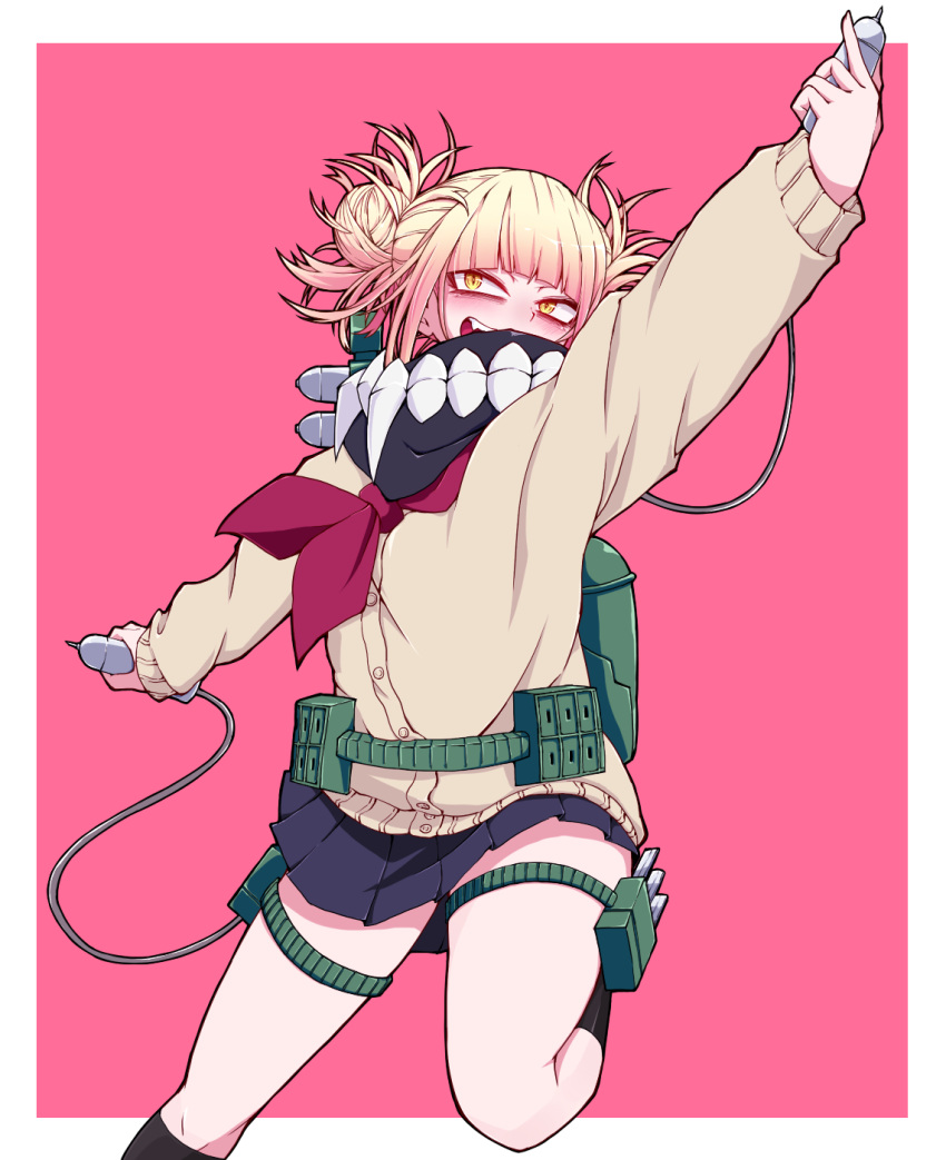 1girl arm_up bangs black_skirt blonde_hair blunt_bangs blush boku_no_hero_academia border brown_cardigan cardigan commentary_request double_bun fang highres holding kneehighs knife long_sleeves looking_at_viewer messy_hair miniskirt okumari open_mouth outstretched_arm pink_background pleated_skirt scarf school_uniform short_hair skirt smile solo teeth toga_himiko weapon white_border yellow_eyes