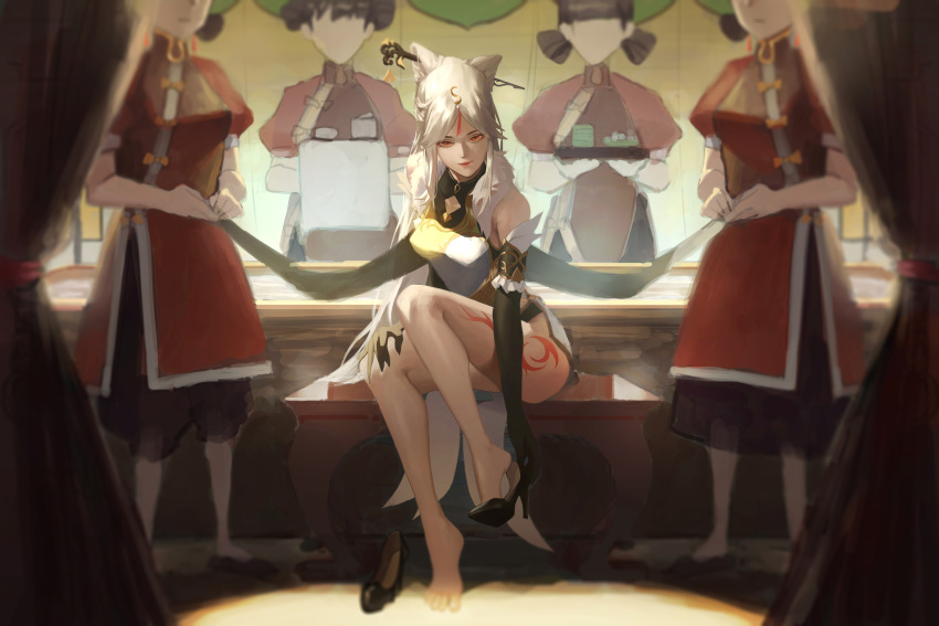 5girls absurdres bangs bare_shoulders black_gloves black_hair breasts chair china_dress chinese_clothes closed_mouth cup detached_sleeves dress elbow_gloves fur fur_collar genshin_impact gloves hair_ornament hairpin head_out_of_frame high_heels highres jack1emo large_breasts long_hair looking_at_viewer multiple_girls ningguang red_dress red_eyes shoes sidelocks silver_hair smile tattoo tray very_long_hair white_hair