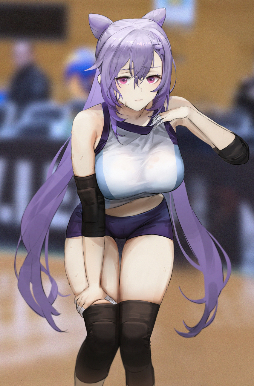 1girl absurdres bandaged_fingers bandages bare_shoulders bent_over braid breasts dokshuri double_bun elbow_pads genshin_impact highres keqing_(genshin_impact) knee_pads long_hair looking_at_viewer navel purple_hair solo_focus sportswear sweat twintails very_long_hair violet_eyes volleyball volleyball_uniform