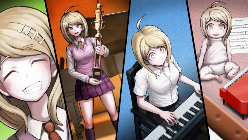1girl ahegao akamatsu_kaede baby barefoot blonde_hair closed_eyes dangan_ronpa excited grand_piano highres holding_trophy instrument musical_note necktie new_dangan_ronpa_v3 official_art orange_neckwear piano sheet_music shirt sitting sitting_on_floor smile trophy younger