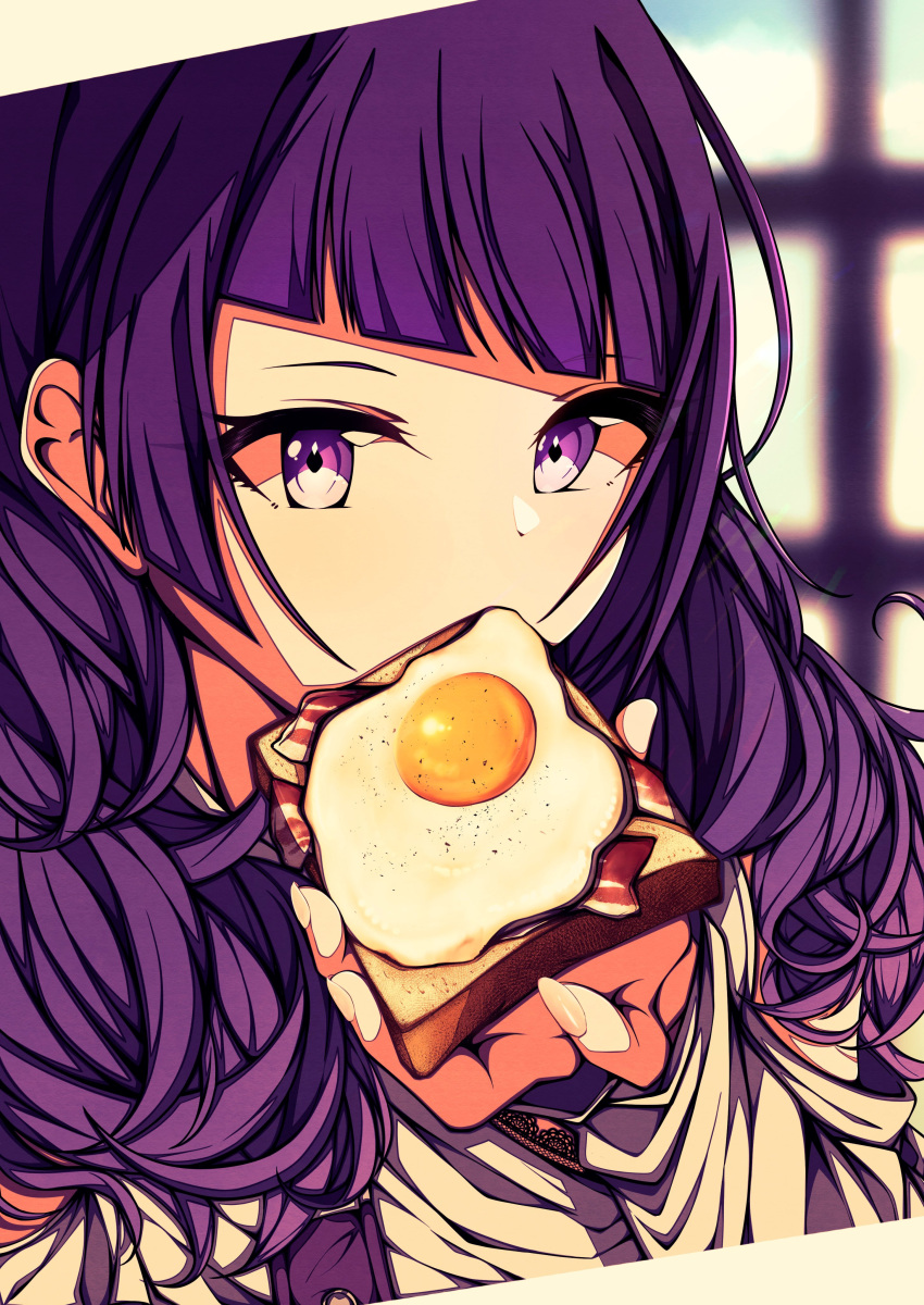 1girl absurdres bacon bangs blurry blurry_background commentary_request diagonal_bangs eating food highres idolmaster idolmaster_shiny_colors kakuzatou_(cubesugar03196) long_hair long_sleeves purple_hair shirt solo sunny_side_up_egg tanaka_mamimi toast upper_body violet_eyes white_shirt window