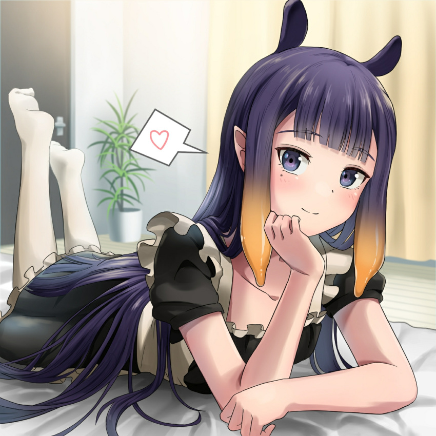 1girl alternate_costume apron bangs black_dress blunt_bangs chin_rest curtains day dress enmaided hair_flowing_over heart highres hololive hololive_english indoors long_hair looking_at_viewer lying maid mole mole_under_eye ninomae_ina'nis no_hair_ornament no_headwear on_bed on_stomach pantyhose plant pointy_ears potted_plant purple_hair sidelocks smile solo spoken_heart t_corve tentacle_hair the_pose very_long_hair violet_eyes virtual_youtuber white_legwear
