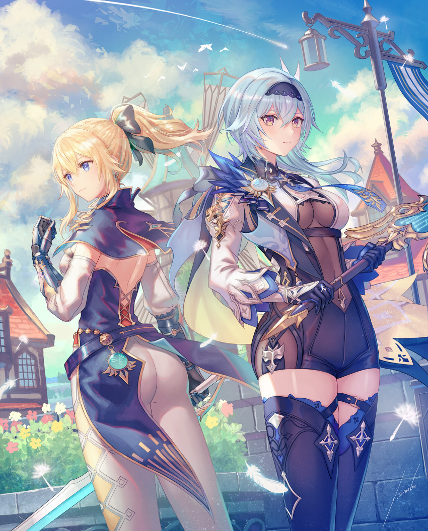 2girls anbe_yoshirou ass blonde_hair blue_eyes blue_hair blush bow breasts brown_eyes eula_lawrence from_behind genshin_impact gloves hair_bow hairband highres jean_gunnhildr long_hair multiple_girls pants ponytail shiny shiny_clothes shiny_hair shiny_skin short_shorts shorts sideboob smile sword thigh-highs unitard weapon