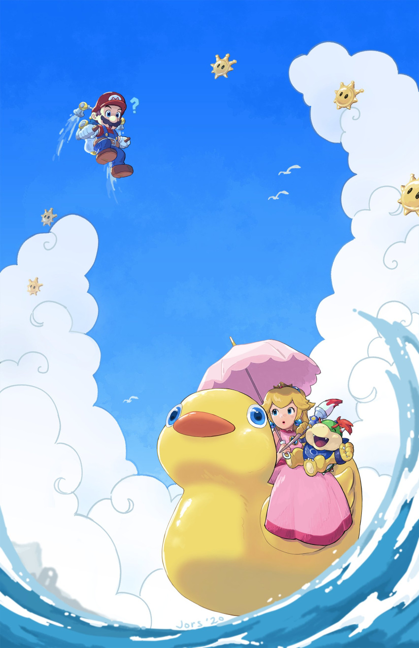 1girl 2boys absurdres beach_umbrella big_nose blonde_hair blue_eyes blue_sky bowser_jr. brooch dress f.l.u.d.d. facial_hair fangs hat highres inflatable_boat jewelry jors super_mario_bros. midair multiple_boys mustache paintbrush pink_dress princess_peach redhead shine_sprite sky sleeveless sleeveless_dress super_mario_sunshine umbrella water