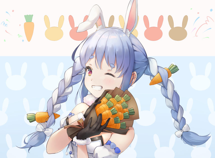 1girl absurdres animal_ears armband blue_hair bouquet carrot carrot_hair_ornament carrying dress flower food_on_hair food_themed_hair_ornament gloves hair_ornament highres hololive multicolored_hair one_eye_closed qingyunmengyi rabbit_ears red_eyes ribbon smile thick_eyebrows twintails two-tone_hair usada_pekora virtual_youtuber white_hair