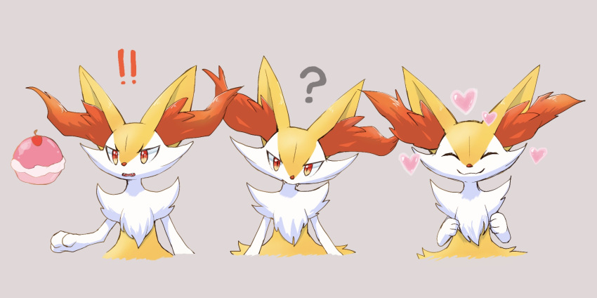 !! ? animal_ear_fluff animal_nose braixen closed_eyes closed_mouth fangs gen_6_pokemon grey_background head_tilt heart highres looking_at_viewer multiple_views open_mouth poke_puff pokemon pokemon_(creature) simple_background smile sukasshu_(mroooo) tongue white_fur yellow_fur