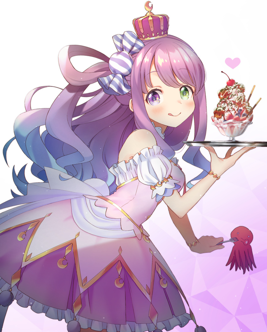 1girl :q absurdres bangs bare_shoulders blush bracelet candy_hair_ornament cherry crown detached_sleeves dress eyebrows_visible_through_hair food food_themed_hair_ornament fork frills fruit green_eyes hair_ornament hair_rings heart heterochromia highres himemori_luna holding holding_fork holding_tray hololive jewelry long_hair looking_at_viewer mkn00000000 parfait pink_dress pink_hair pocky short_sleeves solo standing takoyaki tongue tongue_out tray violet_eyes virtual_youtuber white_background