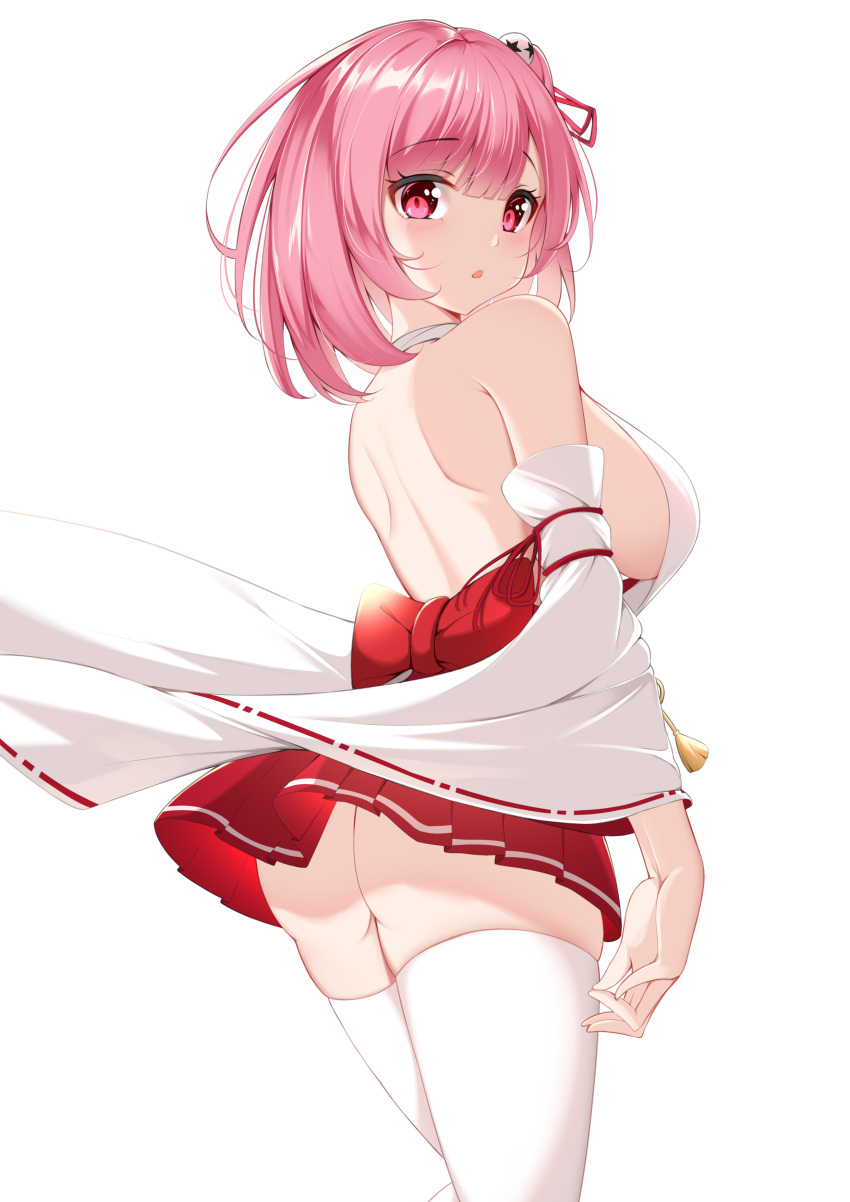 1girl :o absurdres ass azur_lane bow breasts cat_(yidsv) chinese_commentary cowboy_shot dead_or_alive detached_sleeves from_behind hair_ornament highres honoka_(doa) large_breasts long_hair long_sleeves looking_at_viewer looking_back no_panties one_side_up pink_eyes pink_hair pleated_skirt red_bow red_skirt short_hair sideboob simple_background skirt skirt_lift skull_hair_ornament solo thigh-highs thighs white_background wide_sleeves