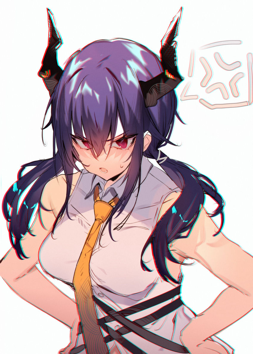 1girl absurdres anger_vein angry arknights blue_hair ch'en_(arknights) commentary dragon_horns hands_on_hips highres horns long_hair low_twintails necktie open_mouth orange_neckwear red_eyes shirt simple_background sleeveless soukou_makura spoken_anger_vein sweatdrop symbol_commentary tied_hair twintails white_background white_shirt