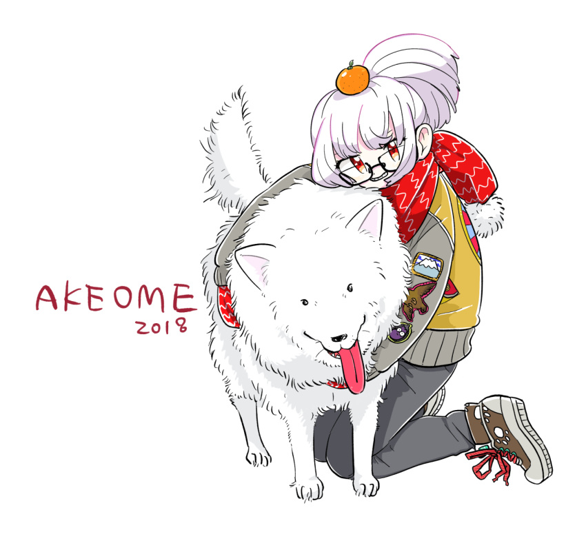 1girl 2018 akeome bangs black_pants brown_footwear dog fluffy glasses gloves happy_new_year highres jacket long_sleeves looking_at_viewer mokeo new_year original pants ponytail red_eyes red_gloves red_scarf scarf shoes sidelocks simple_background solo white_background white_dog white_hair