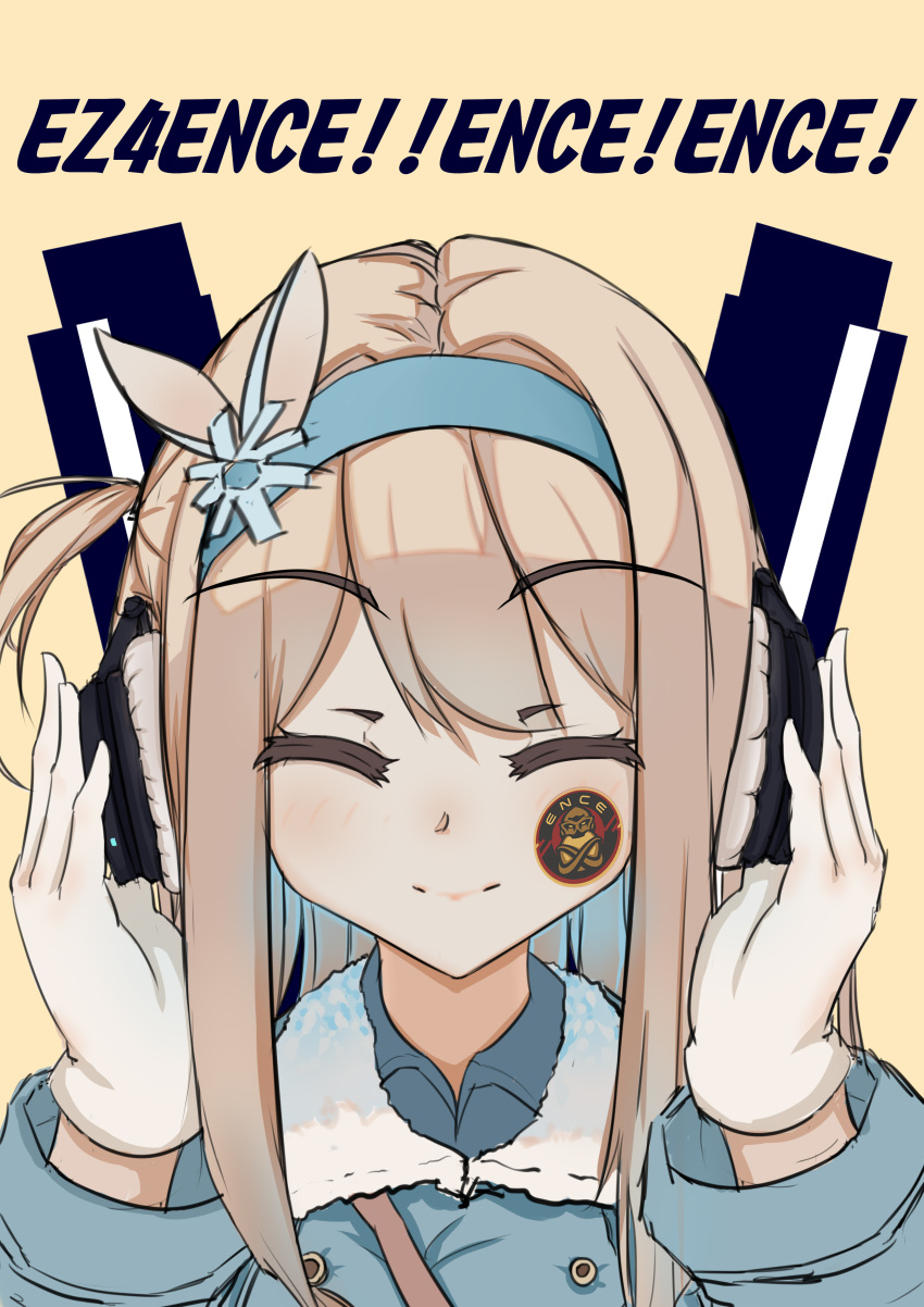 1girl absurdres blonde_hair closed_eyes counter_strike:global_offensive country_connection eyebrows_visible_through_hair fur_collar girls_frontline gloves hair_ornament hands_on_headphones headband headphones highres qq742746059 sidelocks smile snowflake_hair_ornament solo sticker suomi_kp31_(girls_frontline)