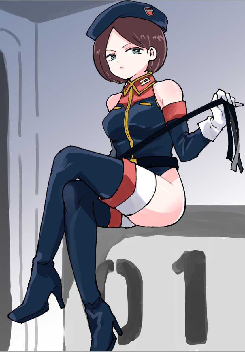 1girl banao belt black_belt boots breasts brown_hair collared_leotard crossed_legs detached_sleeves dominatrix emma_sheen gloves green_eyes gundam hair_behind_ear hat high_heels highres holding holding_whip leotard looking_to_the_side medium_breasts military military_hat military_uniform short_hair sitting solo thigh-highs thigh_boots uniform v-shaped_eyebrows white_gloves zeta_gundam