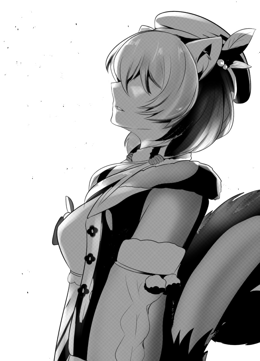 1girl altronage animal_ears ayunda_risu breasts covered_eyes detached_sleeves english_commentary from_side greyscale hair_over_eyes hat highres hololive hololive_indonesia kaneki_profile_picture leaning_back medium_breasts meme monochrome parted_lips solo squirrel_ears squirrel_girl squirrel_tail tail tokyo_ghoul tokyo_ghoul:re virtual_youtuber white_background
