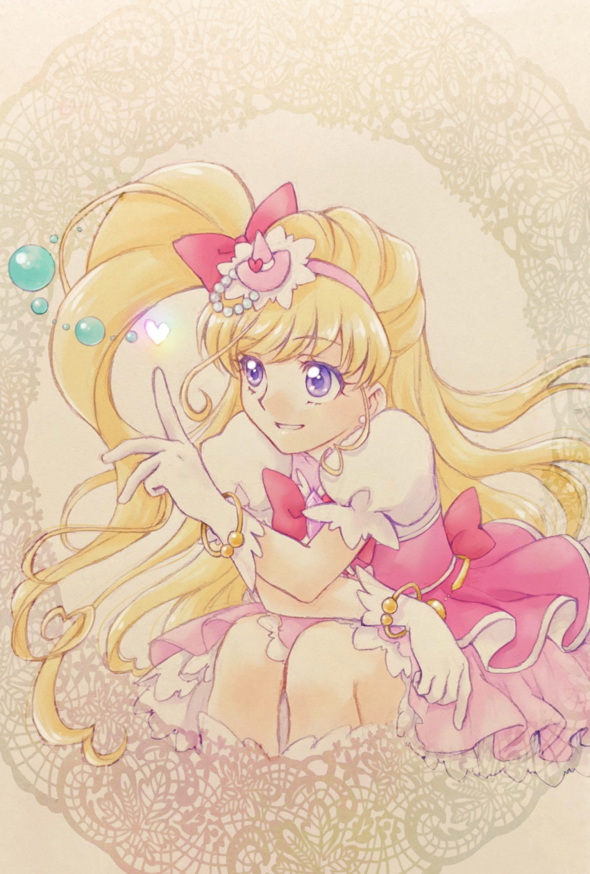 1girl aizen_(syoshiyuki) back_bow bangs blonde_hair bow bowtie bracelet cure_miracle earrings eyebrows_visible_through_hair gloves grin hair_bow hat heart heart_hat_ornament high_ponytail highres index_finger_raised jewelry layered_skirt leaning_forward long_hair mahou_girls_precure! miniskirt pink_headwear pink_skirt precure red_bow red_neckwear shiny shiny_hair shirt short_sleeves side_ponytail sitting skirt smile solo swept_bangs very_long_hair violet_eyes white_gloves white_shirt witch_hat