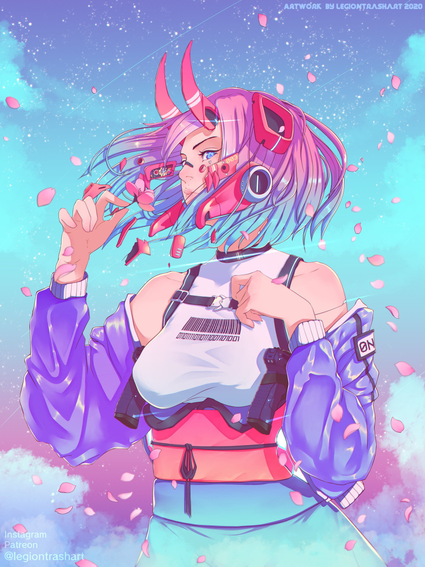 1girl absurdres bandaid bandaid_on_nose bangs blue_eyes blue_hair breast_strap breasts clouds gradient_hair gun hand_on_own_chest handgun headset highres holster holstered_weapon horns mechanical_horns mika_vas multicolored_hair obi off-shoulder_jacket open_hand original petals pink_hair pistol sash science_fiction short_hair sky small_breasts solo star_(sky) starry_sky symbol_commentary symbol_in_eye weapon wind