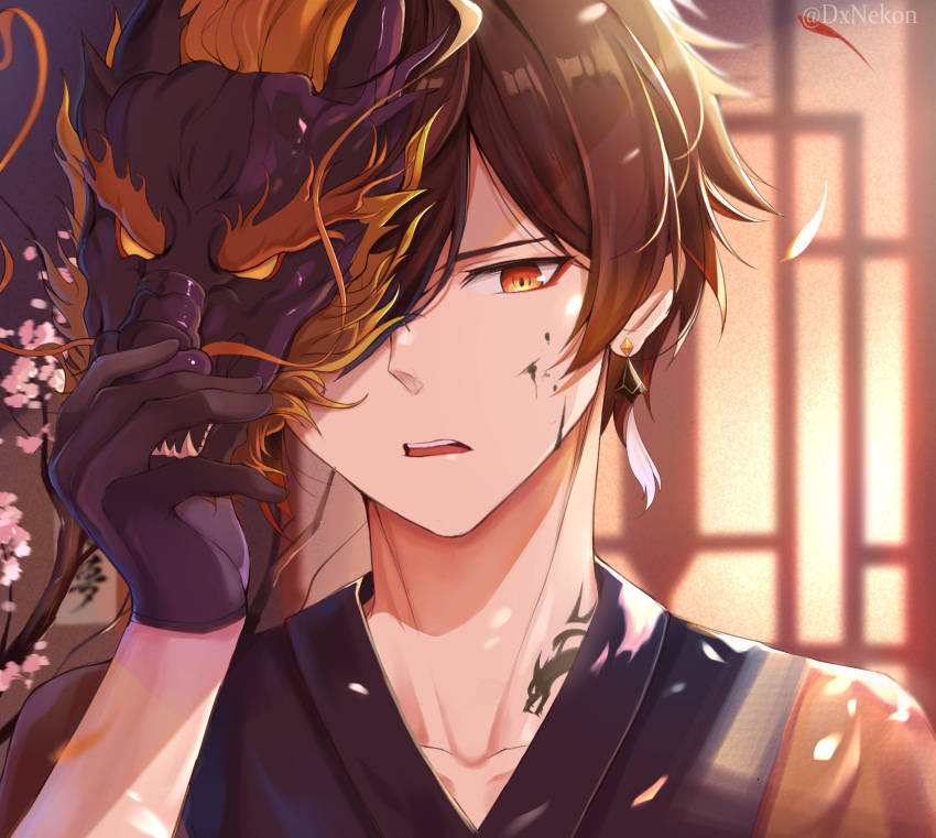 1boy bangs black_gloves black_hair blurry blurry_background branch brown_hair cherry_blossoms collarbone genshin_impact gloves hair_between_eyes highres jewelry long_hair looking_at_viewer male_focus mask multicolored_hair nekondx one_eye_covered open_mouth petals single_earring solo tattoo yellow_eyes zhongli_(genshin_impact)